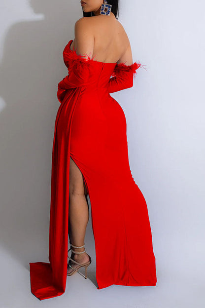 namcoverse Solid Color Bandeau Elegant Side Train Maxi Dress