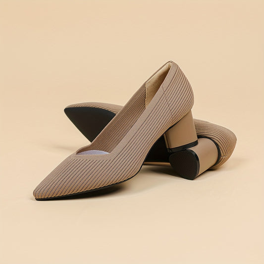 Chic Womens Knit Slip-On Pumps - Soft Chunky Heels, Pointed Toe, Breathable Comfort - Ideal for Work & Casual Style