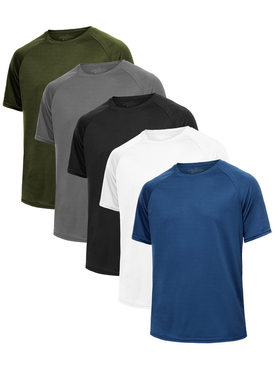 5 Pcs Quick-Dry Mesh Workout Shirts for Men - Breathable, Moisture-Wicking, Anti-Odor Crew Neck T-Shirts for Running, Cycling, and Outdoor Activities - Machine Washable, Four Seasons, Spring/Summer Essential