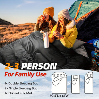 Double Sleeping Bags For 2 Adults, 2-3 Person Sleeping Bag For Camping Two Person Sleeping Bags For Adults With Pillow Cold Warm Weather