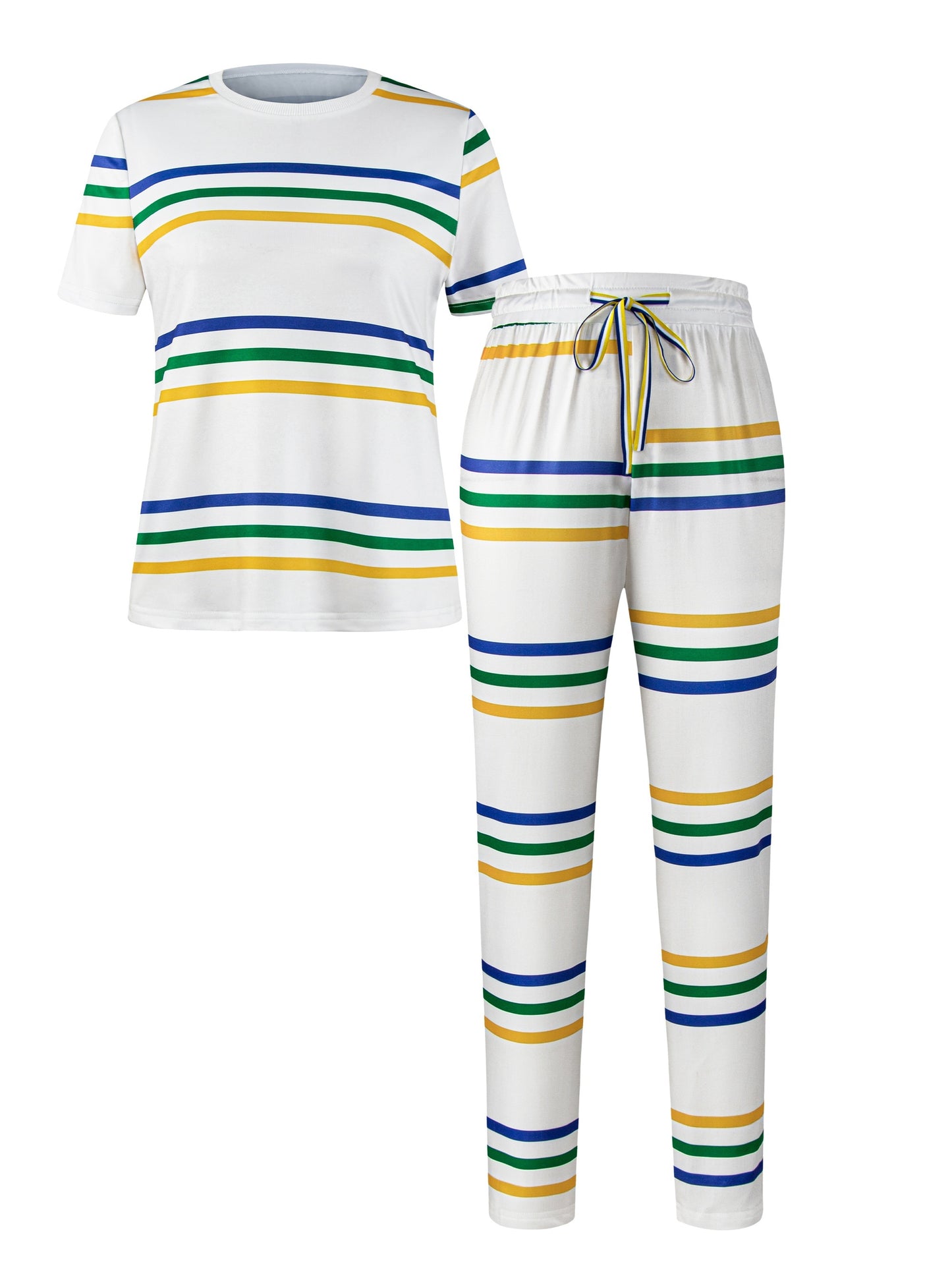 Two-Piece Striped Print Casual Outfit - Crew Neck Short Sleeve T-Shirt & Tie Waist Pants with Micro Elasticity and Drawstring - Machine Washable, Polyester Knit Fabric, Perfect for Spring/Summer Season