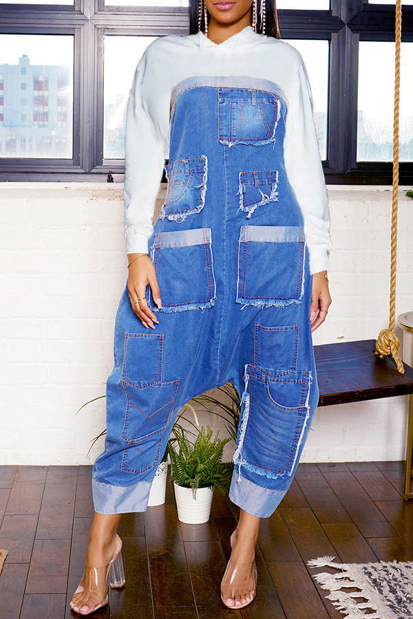 storexq Patchwork Denim Strapless Hippy Harem Jumpsuit