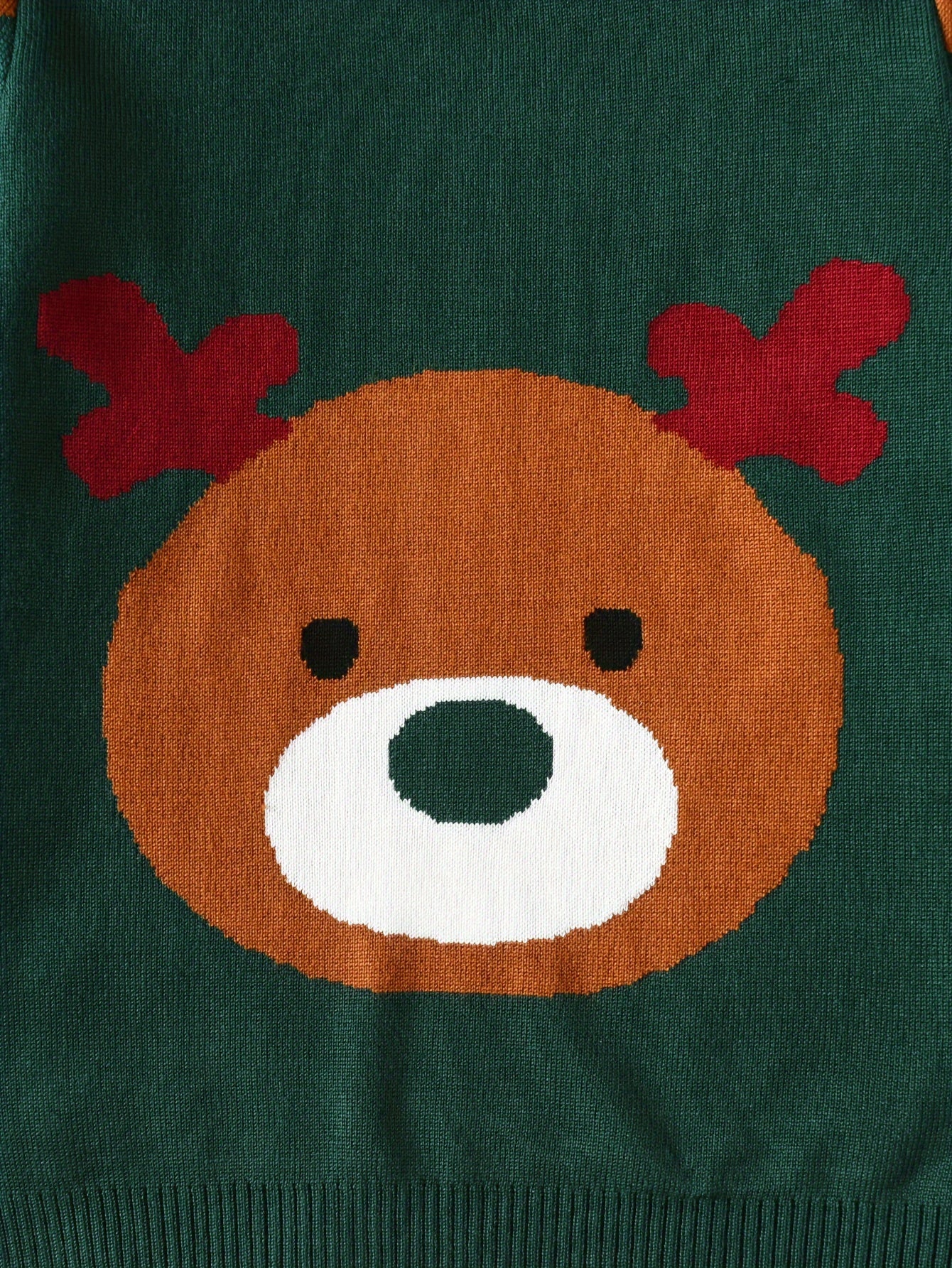 Boys' Festive Christmas Reindeer & Bear Sweater - Cozy Knit Pullover for Spring, Fall & Winter