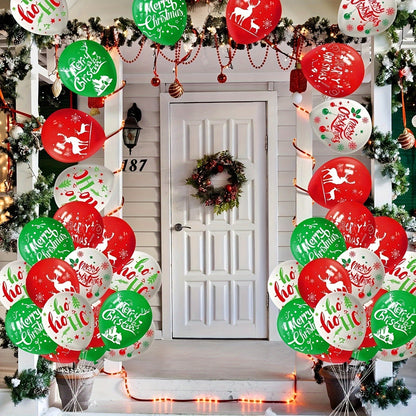 18pcs Christmas Party Balloon Set - 12" Green, Red & White Latex with Reindeer & Tree Prints for Festive Decorations