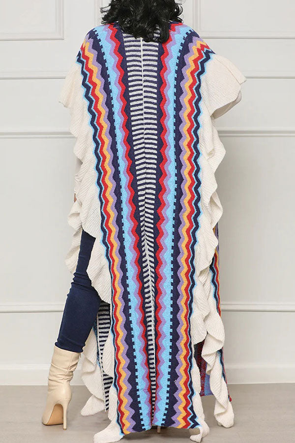 namcoverse Rainbow Chevron Jacquard Elegant Ruffled Cardigan