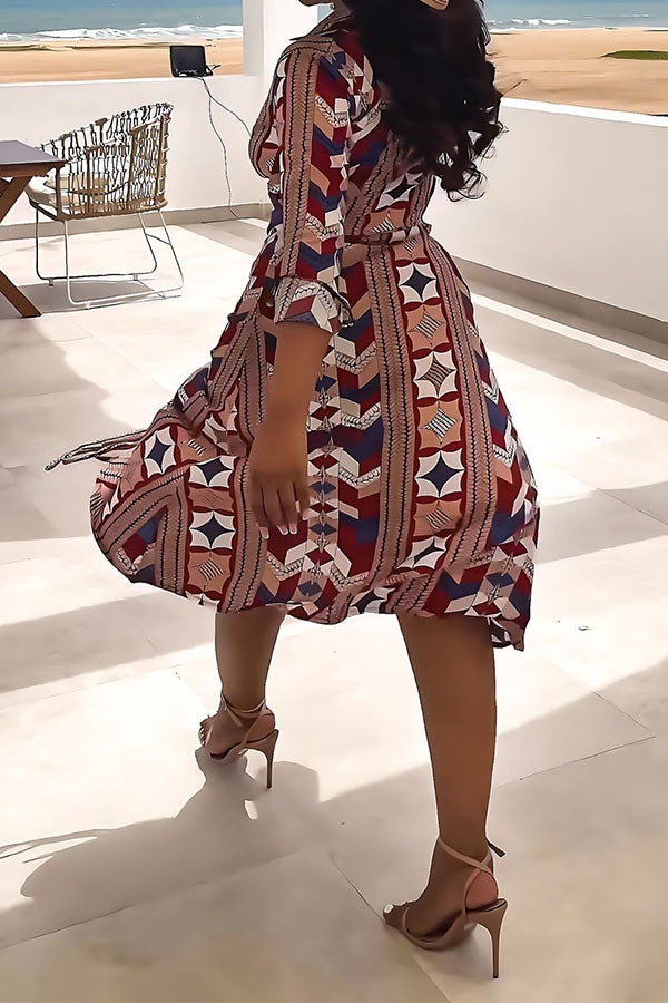 storexq Geometric Print Retro Drawstring Dress Suit