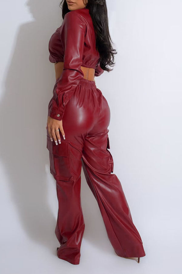 storexq Solid Color PU Punk Patch Pocket Irregular Pant Suit