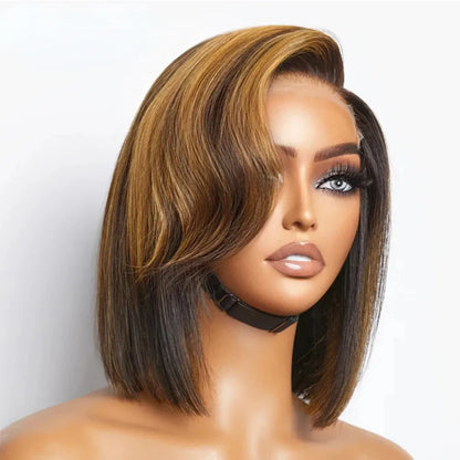 Brazilian Straight Short Bob Wigs Curly Styled Bangs Lace Frontal Human Hair Wigs Ombre Honey Blonde Colored Lace Frontal Wig Preplucked