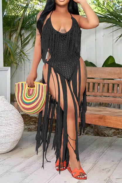 storexq Solid Color Backless Romantic Crochet Cutout Tassel Beachwear