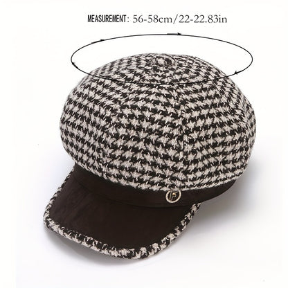 Chic Houndstooth Beret For Women - Warm & Breathable, Non-Stretch Polyester, Knit Craftsmanship, Adjustable Drawstring Closure, Perfect For Fall/Winter Fashion