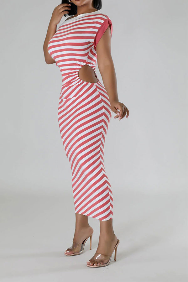 storexq Striped Patchwork Boat Neck Classic Cutout Midi Dress