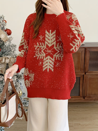 Cozy Women's Christmas Snowflake Pattern Crew Neck Pullover Sweater, Casual Long Sleeve Loose Fit Sweater for Winter