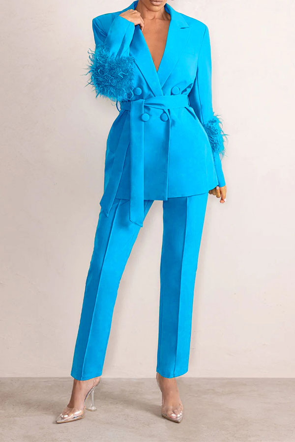 storexq Solid Color Feather Trim Elegant Belted Pant Suit