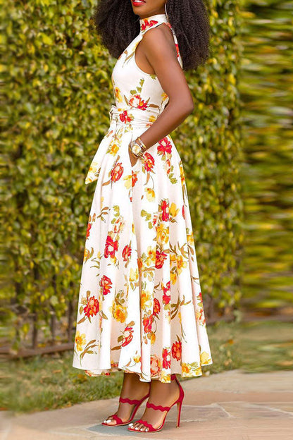 storexq Floral Print Sweet Belted Swing Midi Dress