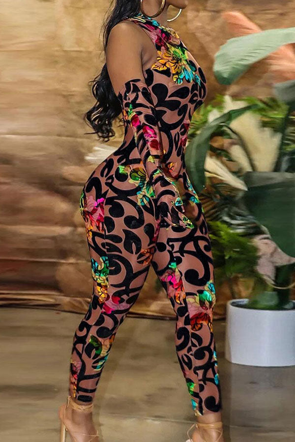 storexq Flower Print Retro Bodycon Jumpsuit (With Gloves)