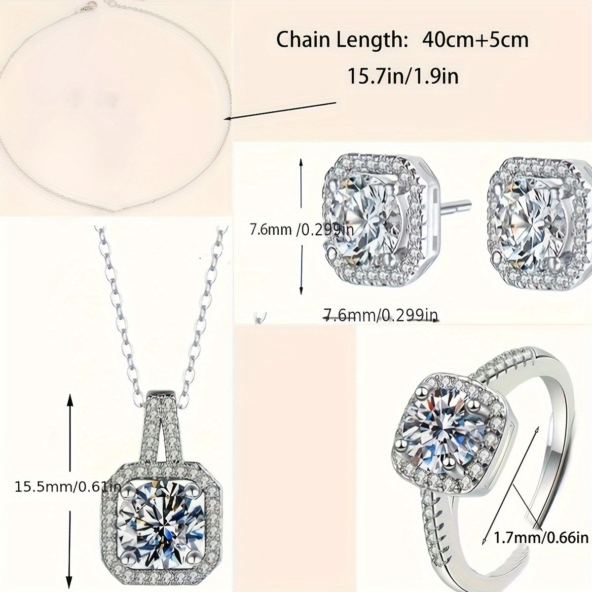 Cuboid Shiny Zircon Inlaid Stud Earrings & Pendant Necklace & Ring Elegant Luxury Style Delicate Female Gift