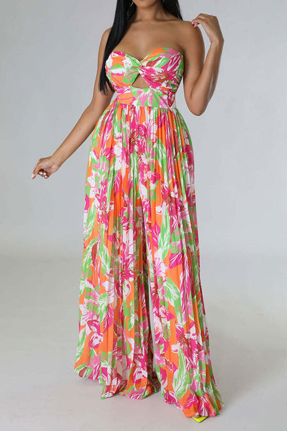 storexq Floral Print Twisted Detail On-trend Pleated Jumpsuit