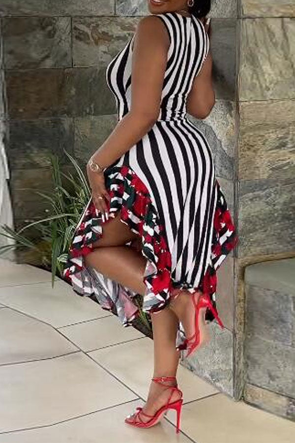 storexq Striped & Floral Print Urban Side Split Midi Dress