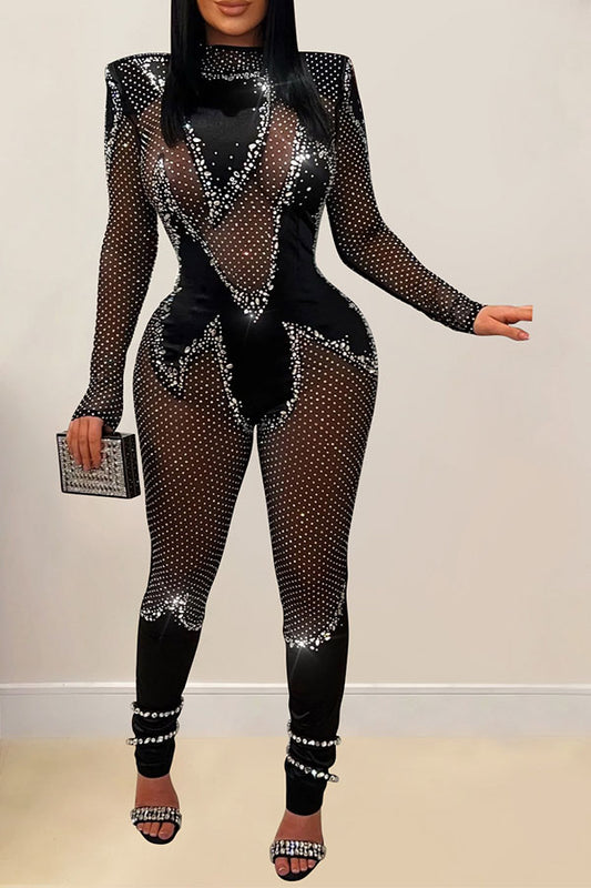 storexq Patchwork Rhinestone Glittery See-Through Bodycon Jumpsuit