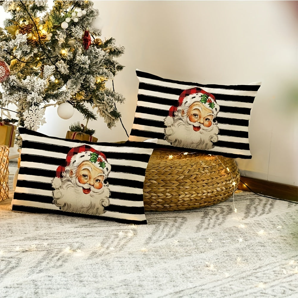 Contemporary Striped Linen Throw Pillow Cover 12x20inch - Christmas Santa Claus Cushion Case with Zipper, Machine Washable, Festive Decoration for All Rooms - 1pc (No Insert) Black & White