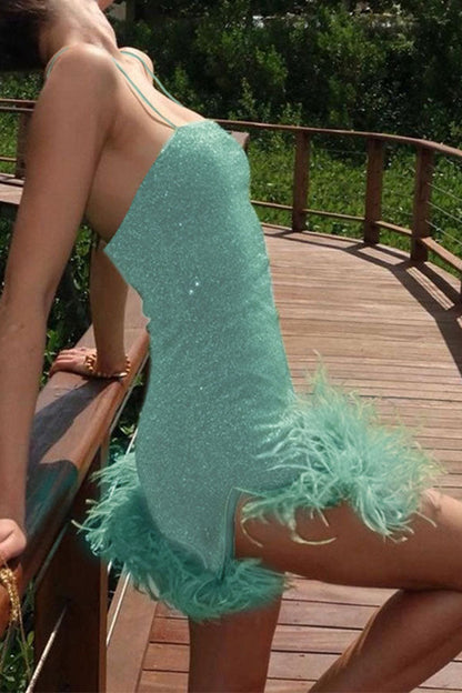 storexq Solid Color Shimmery Feather Hem Mini Dress