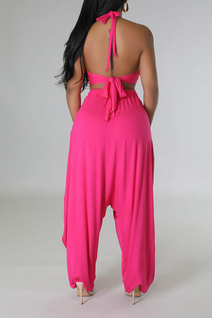 storexq Solid Color Hippy Lace-Up Harem Pant Suit