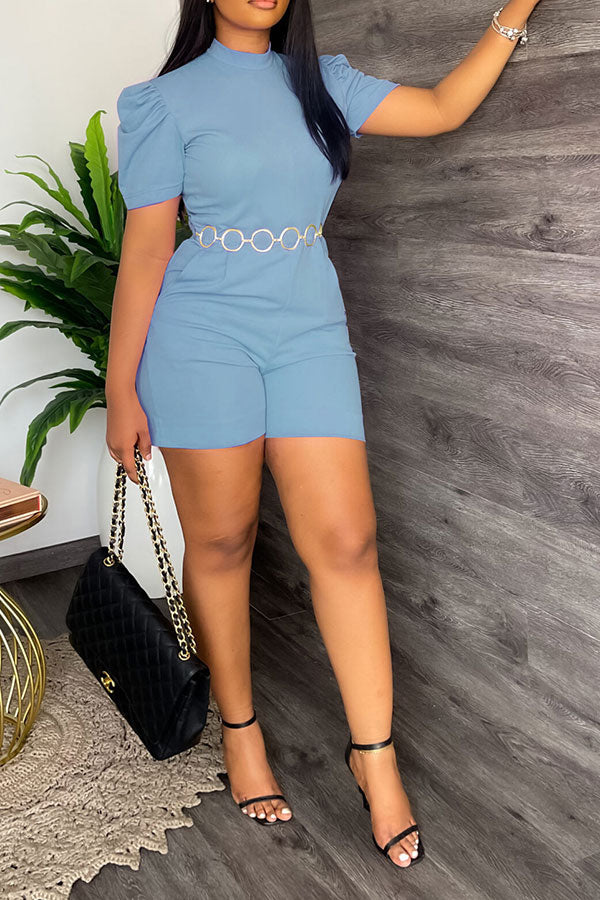 storexq Solid Color Simple Romper With Chain Belt