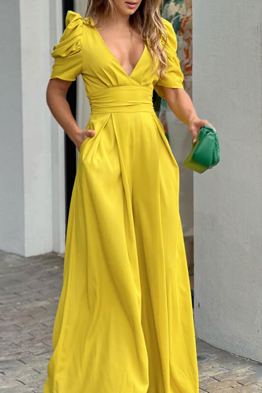 storexq Solid Color Puff Sleeve Pretty Wide Leg Jumpsuit