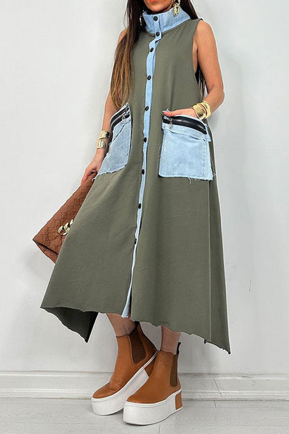 storexq Hit Color Patchwork Urban Pocket Irregular Midi Dress