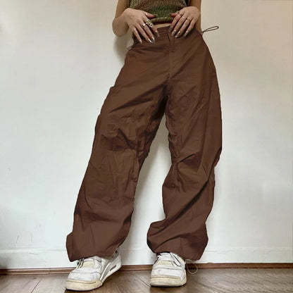 Women's Pants Capris Baggy Cargo Parachute Pants Y2k Jogger Trousers Brown Wide Leg Retro Old School Hip Hop Adjustable Button For Ladies Women Fall 220916