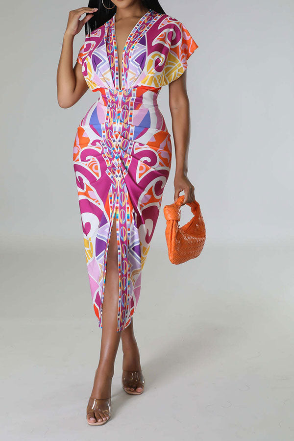 storexq Tribal Print Feminine Draped High Split Midi Dress