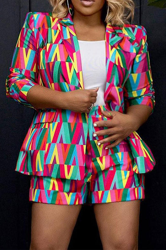 storexq Chevron Print Colorful Peak Lapel Pant Suit