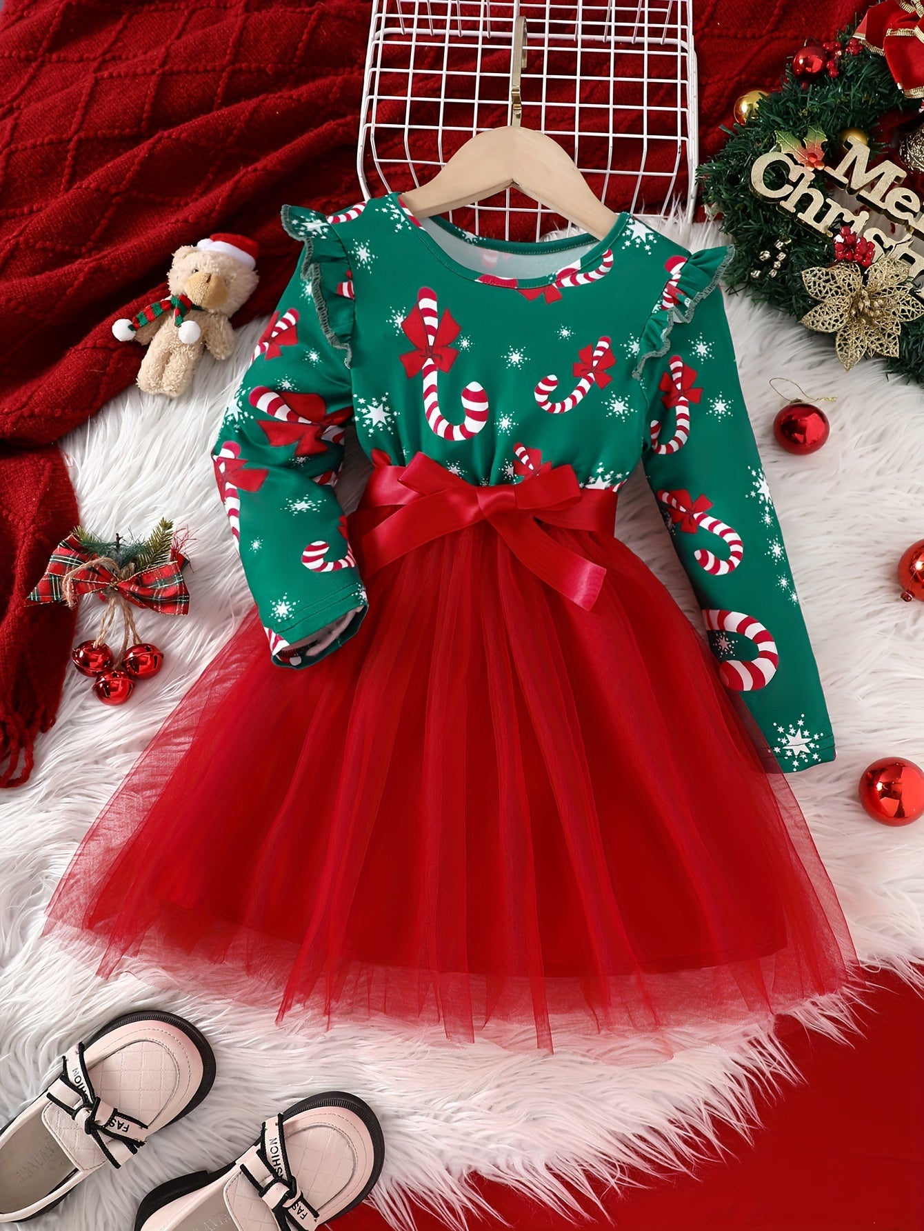 Long Sleeve Girls' Winter Christmas Party Princess Dress With Mesh Hem & Lining, Ribbon Belt, Holiday Fun