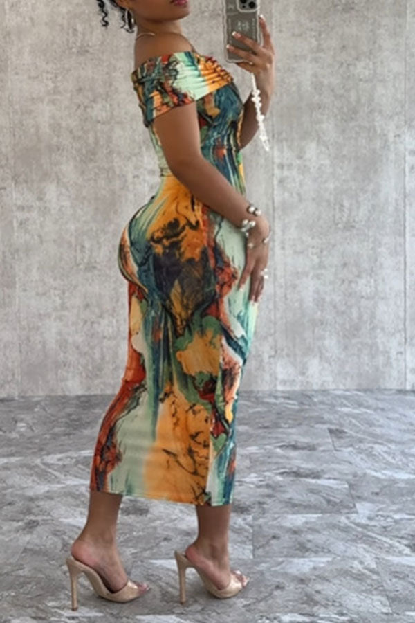 namcoverse Watercolor Print Off Shoulder Simple Bodycon Midi Dress