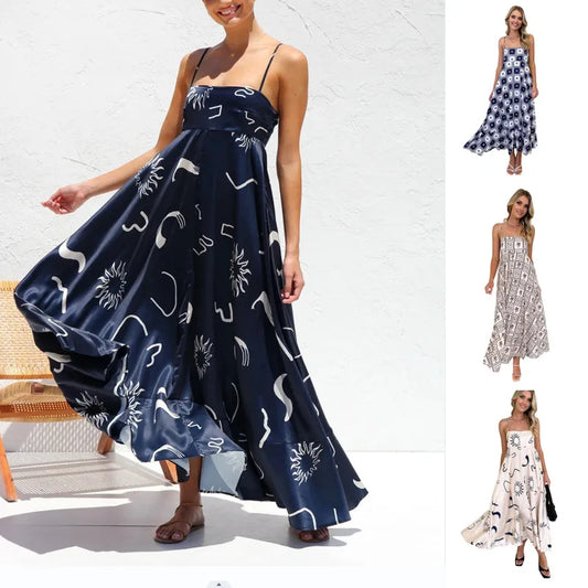 Spring Summer new women's floral halter Slip dress slim Abstract pattern Casual Dresses Party Date Long dress Clothing f0e c2f