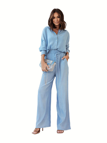 Two-Piece Solid Color Casual Outfit - Long Sleeve Lapel Collar Shirt & High Waist Wide Leg Pants Set with Drawstring Details - Polyester Knit Fabric, Mid Elasticity, Spring/Fall Wear