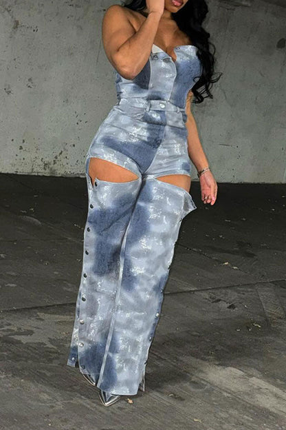 storexq Tie Dye Strapless Unusual Cutout Denim Pant Suit