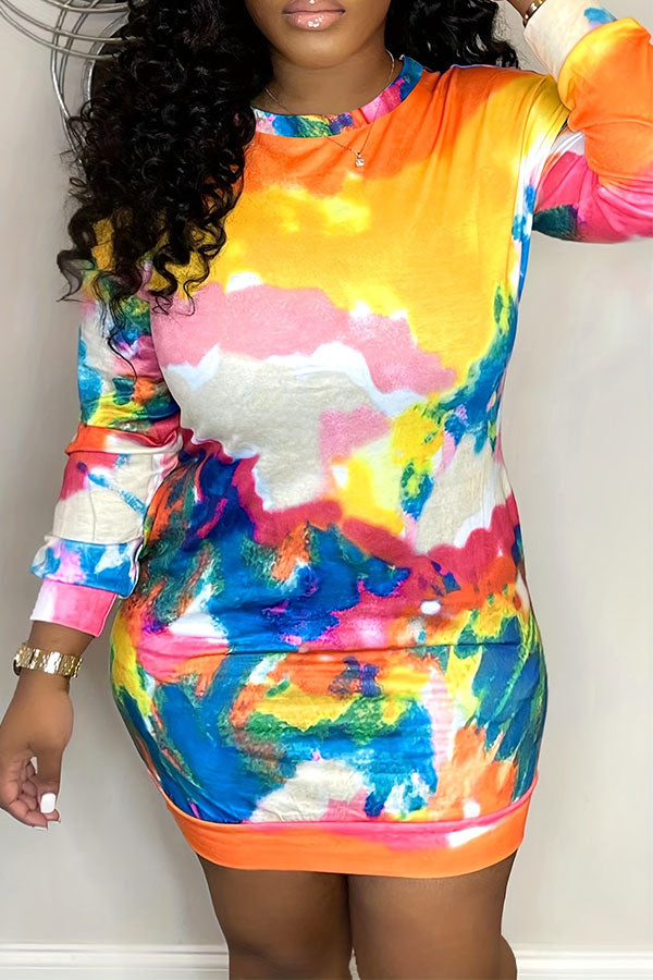 storexq Graffiti Print Colorful Round Neck Mini Dress