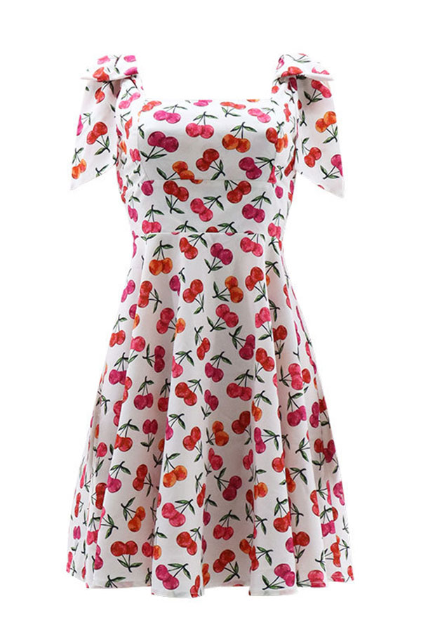 namcoverse Cherry Print Girly Bow Shoulder A-Line Mini Dress