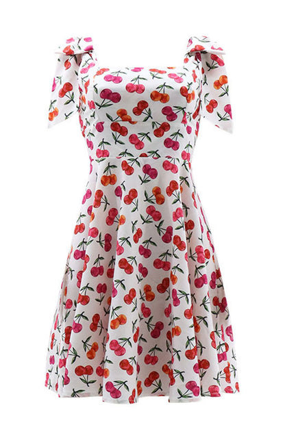 namcoverse Cherry Print Girly Bow Shoulder A-Line Mini Dress