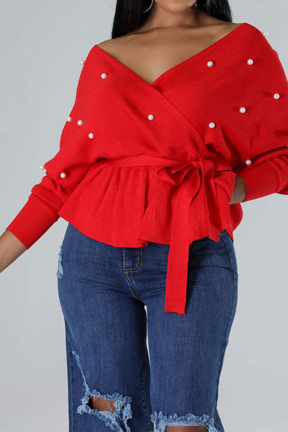 namcoverse Beaded Decor Rocking Peplum Belted Sweater