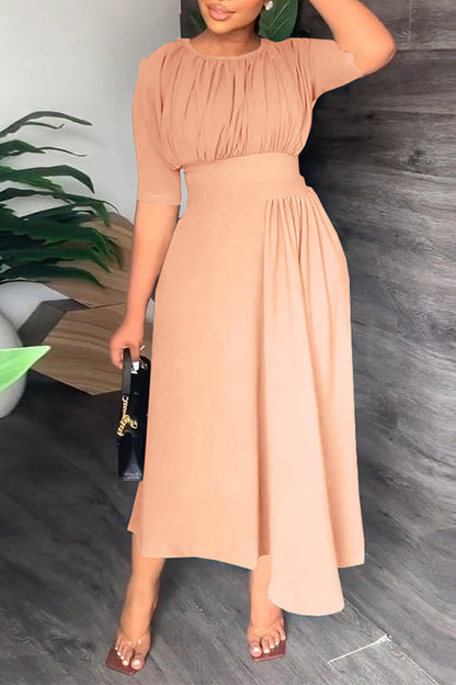 storexq Solid Color Stunning Pleated Detail Irregular Hem Midi Dress