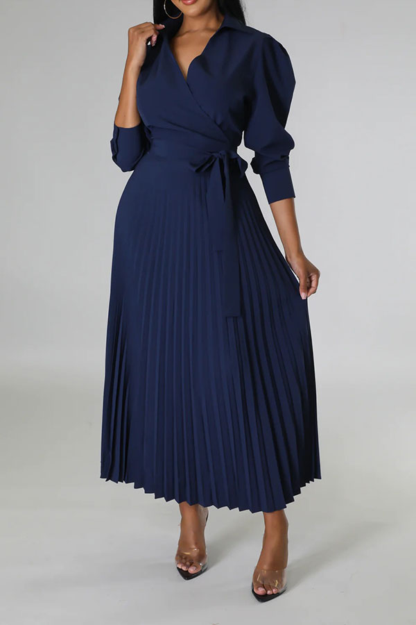 storexq Solid Color Commuting Belted Pleated Midi Dress