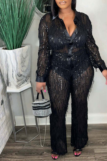 storexq Solid Color Sequined Tassel Sparkly Pant Suit