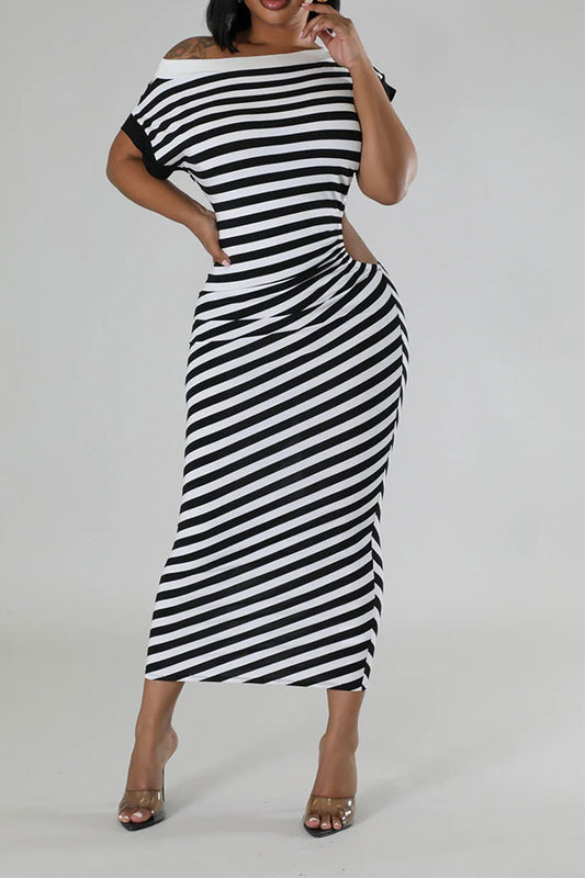 storexq Striped Patchwork Boat Neck Classic Cutout Midi Dress