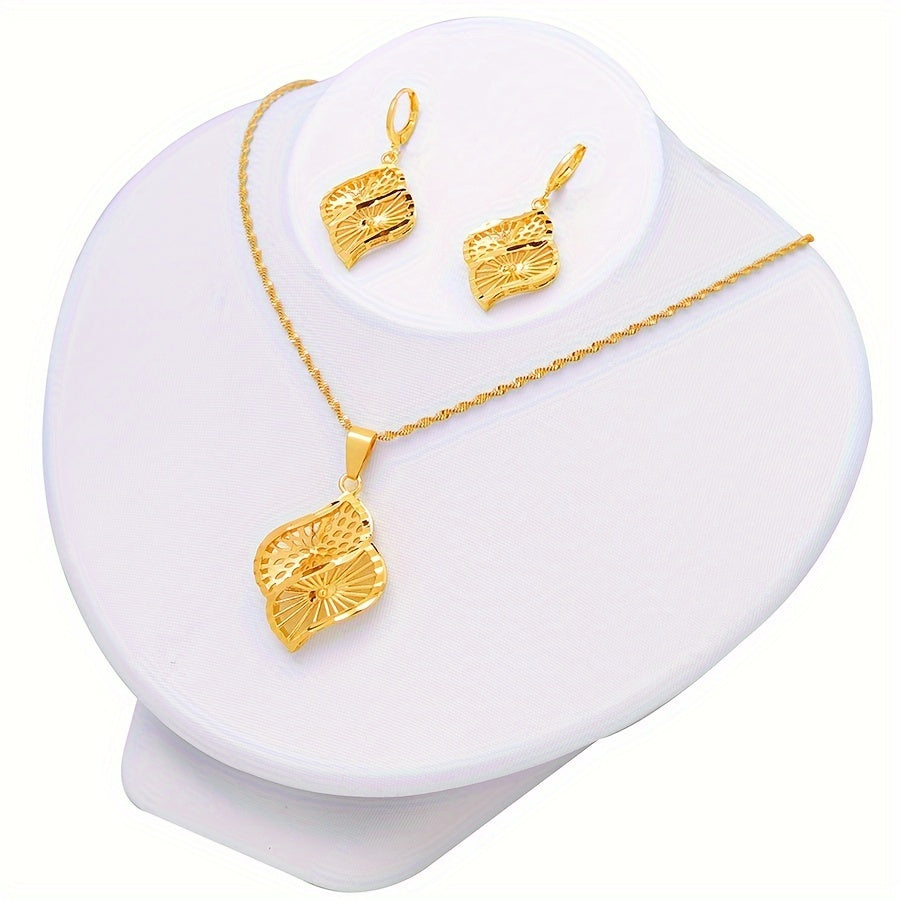 22K Gold Plated Jewelry Set, Middle Eastern Inspired Simple Fashion, Dubai Bridal Earrings & Necklace, Minimalist Style Accessories