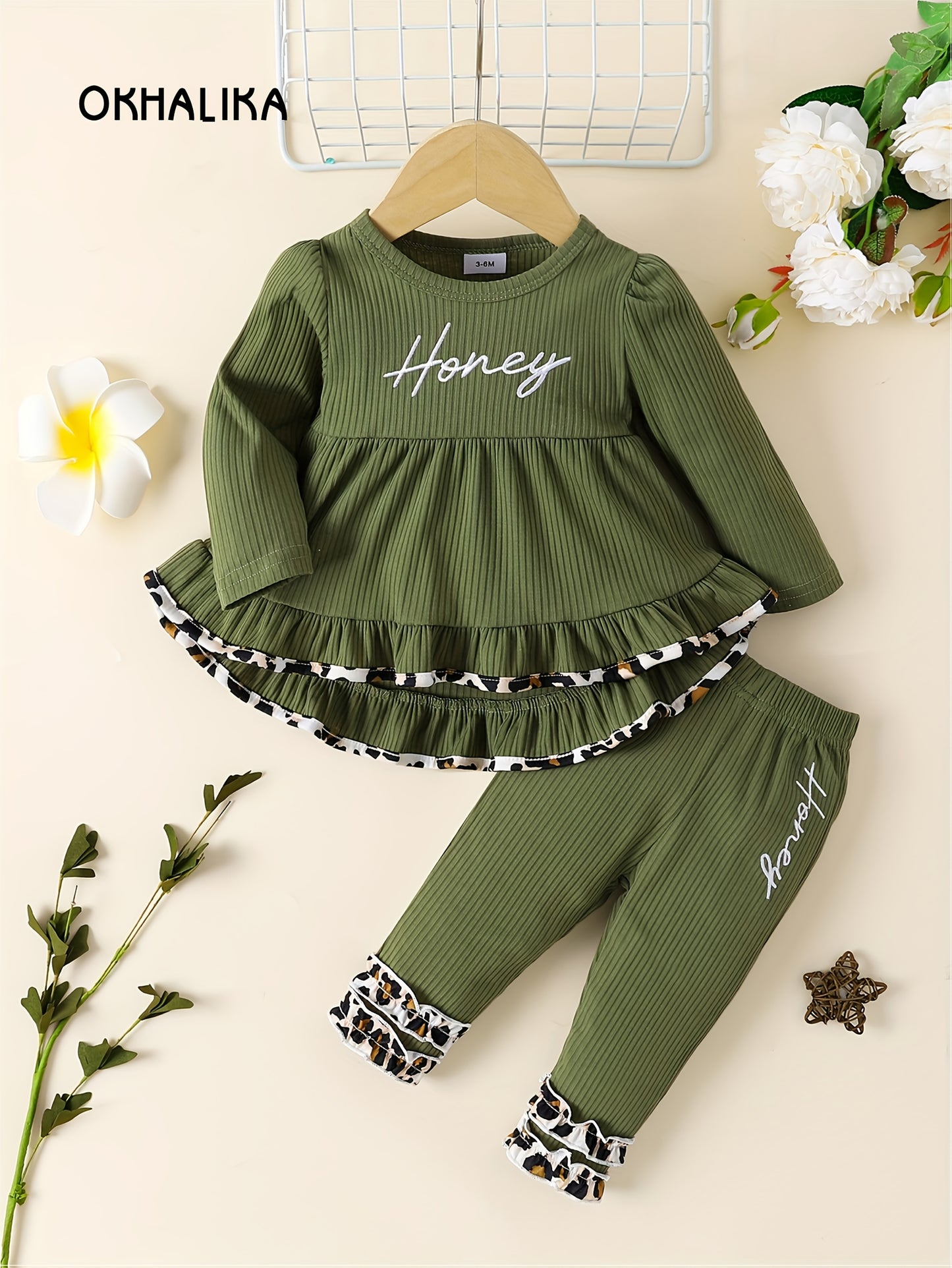 Toddler Baby Girl Cute Outfit - Puff Hem Dress Top + Elastic Pencil Pants Leopard Lace Letter Embroidery Set Outdoor Clothes