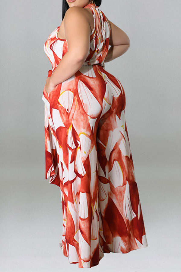 storexq Leaf Print Elegant Belted Wide Leg Jumpsuit