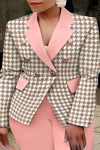 storexq Patchwork Houndstooth Pretty Notched Lapel Pant Suit