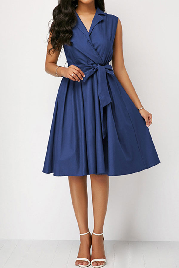 storexq Solid Color Notched Lapel Urban Belted Midi Dress